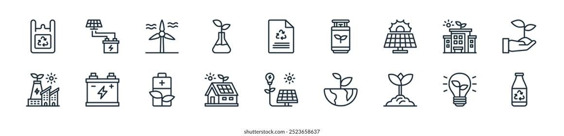 modern ecology icon pack. perfect for linear ui designs featuring vector bottle, light bulb, plant, green earth, solar energy, solar house, eco battery and more icons for mobile and web apps.