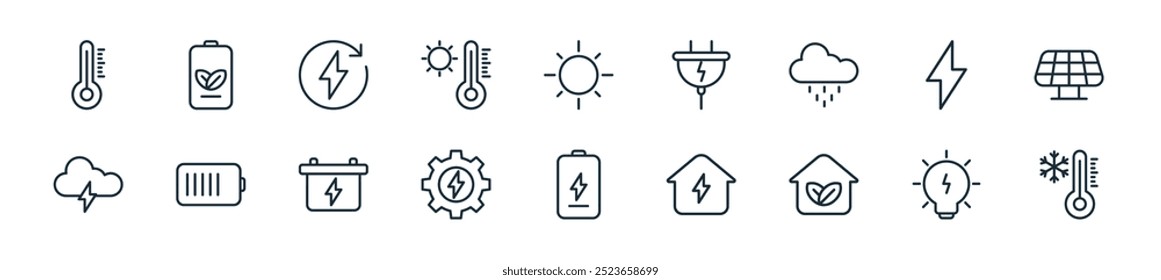 moderno ecology icon pack. perfeito para projetos de ui lineares com vetor frio, lâmpada, eco house, casa inteligente, bateria, energia, acumulador e mais ícones para aplicativos móveis e web.