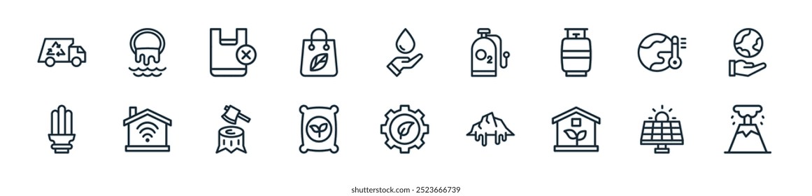 modern ecology icon pack. perfect for linear ui designs featuring vector volcano, solar cell, eco house, iceberg, tings, compost, deforestation and more icons for mobile and web apps.