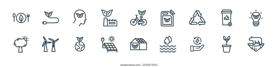 Icono de ecología moderna perfecto para diseños de interfaz de usuario lineal con oso polar de Vector Guardar, planta, energía, agua, hogar ecológico, panel solar, tierra verde y más iconos para App móviles y de Web.