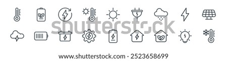 modern ecology icon pack. perfect for linear ui designs featuring vector cold, lamp, eco house, smart home, battery, energy, accumulator and more icons for mobile and web apps.