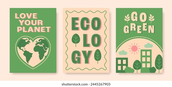 Afiches de ecología moderna con texto en estilo plano. Ama a tu planeta, ve a frases positivas verdes. Ilustración vectorial