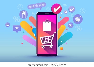 Modern e-commerce concept with a hand holding a smartphone displaying a shopping cart icon. Surrounded by online shopping symbols like a credit card, discount icon, shopping bag, and location pin.