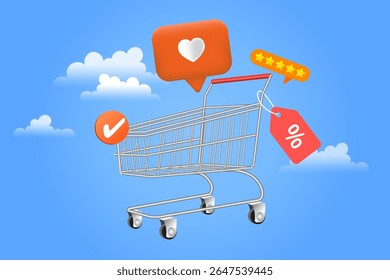 Modern e-commerce concept with a hand holding a smartphone displaying a shopping cart icon. Surrounded by online shopping symbols like a credit card, discount icon, shopping bag, and location pin.