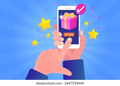 Conceito moderno de e-commerce com uma mão segurando um smartphone exibindo um ícone de carrinho de compras. Rodeado por símbolos de compras on-line como cartão de crédito, ícone de desconto, saco de compras e pin de localização.