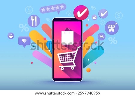 Modern e-commerce concept with a hand holding a smartphone displaying a shopping cart icon. Surrounded by online shopping symbols like a credit card, discount icon, shopping bag, and location pin.