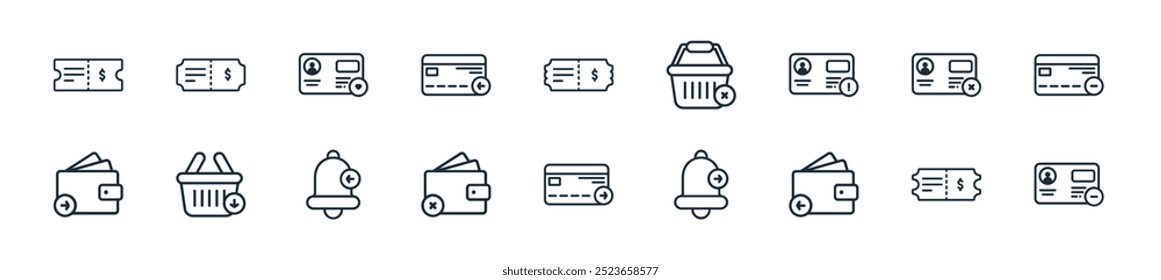 modern ecommerce icon pack. perfect for linear ui designs featuring vector id card, discount ticket, wallet, notification bell, credit card, wallet, notification bell and more icons for mobile and