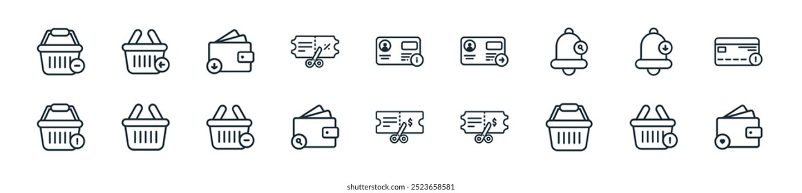 modern ecommerce icon pack. perfect for linear ui designs featuring vector wallet, shopping cart, shopping cart, discount ticket, discount ticket, wallet, shopping cart and more icons for mobile and