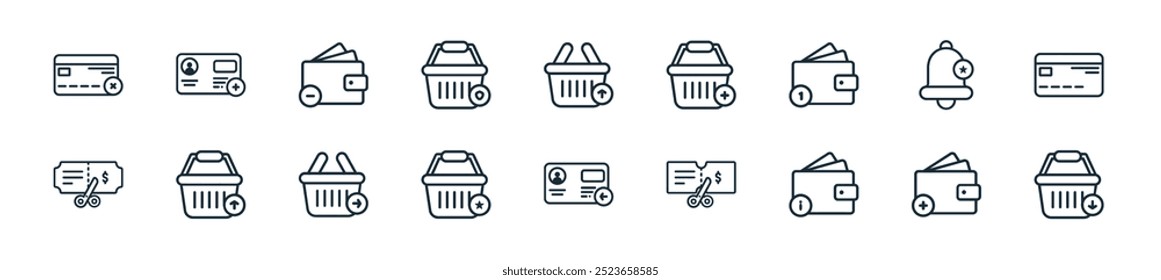 Perfecto para diseños de interfaz de usuario lineal con Carrito de compras de Vector, billetera, billetera, boleto de descuento, tarjeta de identificación, Carrito de compras, Carrito de compras y más iconos para móviles y Web