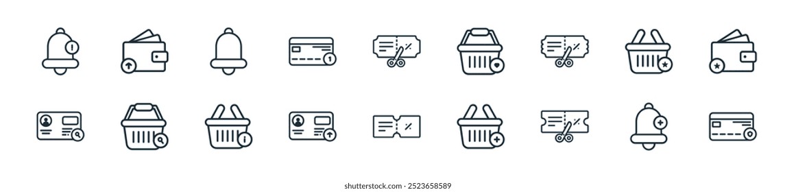 Perfecto para diseños de interfaz de usuario lineal con tarjeta de crédito de Vector, campana de notificación, boleto de descuento, Carrito de compras, boleto de descuento, tarjeta de identificación, Carrito de compras y más iconos para el diseño de la interfaz de usuario