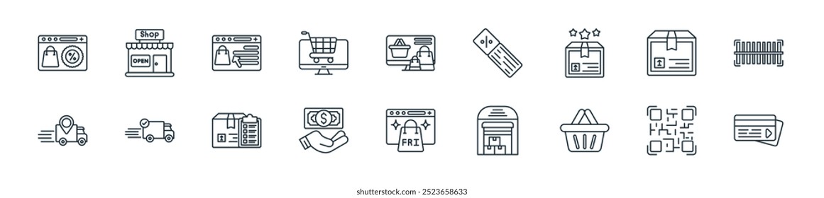 modernes E-Commerce-Icon-Paket. perfekt für lineare ui Designs mit Vektor-Kreditkartenzahlung, QR-Code, Warenkorb, Lager, Freitag, Zahlungsmethode, Lieferbox und mehr Icons für mobile