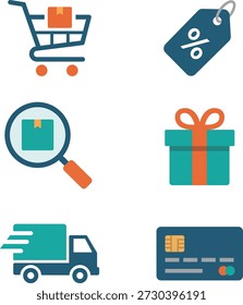 Modern e-commerce icon set with flat design and gradient colors. Includes shopping cart, discount tag, credit card, delivery truck, gift box, and product search icons. Perfect for online store websites, shopping apps, business presentations, marketplaces, and digital marketing materials.