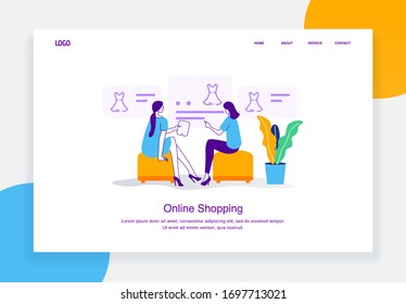 Modern e-commerce illustration concept of two women are choosing dress from  catalog online shopping for landing page template