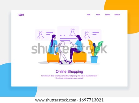 Modern e-commerce illustration concept of two women are choosing dress from  catalog online shopping for landing page template