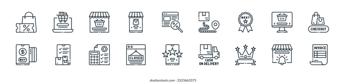 modern ecommerce and online icon pack. perfect for linear ui designs featuring vector invoice, notification, best choice, delivery car, rating, close, budget and more icons for mobile and web apps.