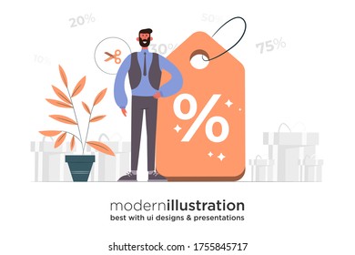 Modern E-Commerce, Online Shopping, Sale illustration. Sale Badge with customer or businessman standing there.