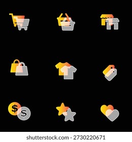 Conjunto de iconos modernos de comercio electrónico y compras: Símbolos de Vector de degradado dorado para tiendas minoristas, tiendas en línea y marketing digital sobre fondo negro.