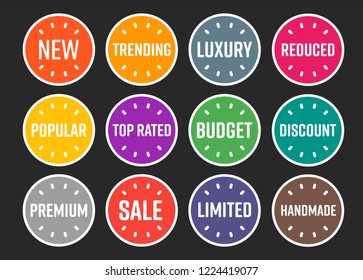 Modern ecommerce website product badges/labels - colourful dark icon set