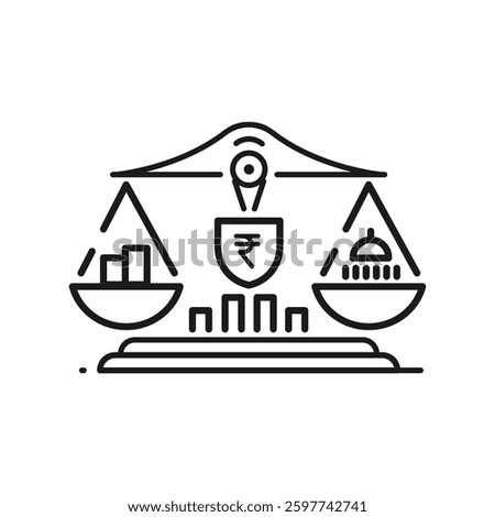 Modern Economic Stability Icon with Rupee Symbol Balanced Scale Bar Chart Shield and Circular Arrow
