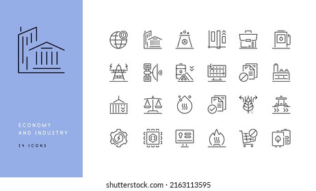 Economía moderna, alta tecnología e industria. Conjunto de iconos de arte de 24 líneas. Archivo vector. 