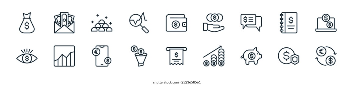 modern economy icon pack. perfect for linear ui designs featuring vector currency, insurance, piggy bank, profit up, invoice, filtration, mobile banking and more icons for mobile and web apps.