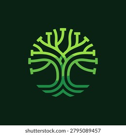 A modern eco-tech logo featuring a green tree silhouette within a circle, where the branches end in square nodes representing digital connectivity and sustainability.