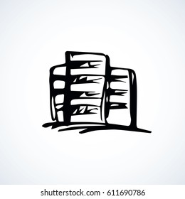 Modern edifice structure on white backdrop. Freehand linear black ink hand drawn picture logo sketchy in art retro scribble contour graphic style pen on paper with space for text