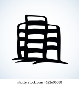 Modern edifice structure on white backdrop. Freehand linear black ink hand drawn picture logo sketchy in art retro scribble contour graphic style pen on paper with space for text