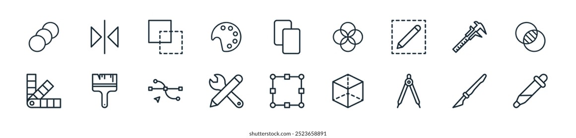 modern edit tools icon pack. perfect for linear ui designs featuring vector color picker, cut, drawing, graphic, resize, edit tool, direct selection and more icons for mobile and web apps.