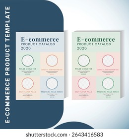 A modern and editable e-commerce flyer template designed for promoting medical and healthcare products such as thermometers, pills, face masks, and oximeters. Ideal for pharmacy marketing.