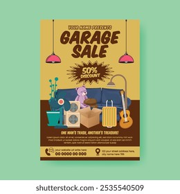 Moderno editável Garagem venda imprimir folheto ou modelo de cartaz, Yard venda cartaz ou folheto, Flea mercado venda folheto, roupas, móveis, sala de estar acessórios vetor ilustração plano de fundo design