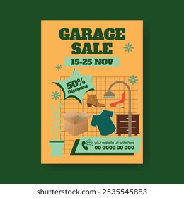 Moderno editável Garagem venda e Yard venda vertical imprimir folheto ou modelo de cartaz com vintage, estilo retro ilustração espaço de fundo para imagem, folheto de venda de garagem folheto conceito de layout de capa