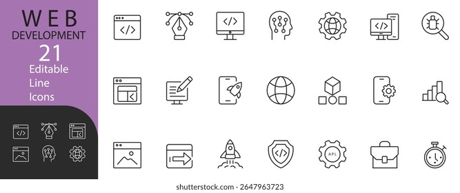 Moderno conjunto de iconos de línea delgada editables de 21 Web de desarrollo y símbolos SEO, que incluyen código, navegador, globo terráqueo, cohete, equipo y lupa, perfecto para App, sitios y paneles.
