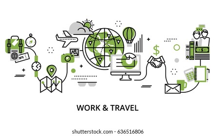 Modern editable line design vector illustration, concept of work and travel in greenery color, for graphic and web design
