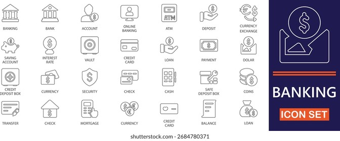 Un moderno conjunto de iconos de líneas editables que representan conceptos bancarios, monetarios, financieros y de pago. Perfecto para App, Sitios web, presentaciones y plataformas de valores que necesitan imágenes financieras claras.