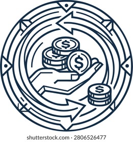 Modern editable line vector illustration featuring a money circulation icon with circular arrows, a hand holding coins, and stacked dollar coins, representing cash flow, currency exchange, financial transactions, banking, fintech, digital payments, investment, remittance, and wealth management. Perfect for banking apps, financial dashboards, fintech platforms, accounting software, business presentations, websites, mobile apps, and finance-related design projects. #MoneyCirculation #CashFlow #FinancialTransaction #CurrencyExchange #MoneyTransfer #Finance #Banking #Fintech #DigitalPayment #PaymentProcessing #BusinessFinance #FinancialServices #Investment #Accounting #WealthManagement #Remittance #Economy #LineIcon #OutlineIcon #FlatVector #EditableVector #VectorIllustration #FinanceIcon #Transaction #BankingSystem