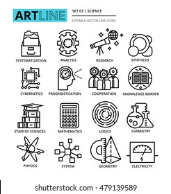 Modern editable line vector illustration, set of science icons, for graphic and web design