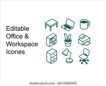 Modern editable office and workspace icon set including table, laptop, coffee cup, bookshelf, plant, printer, and stationery. Perfect for business presentations, corporate design