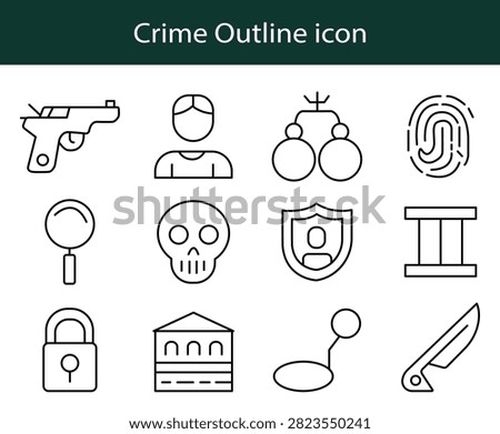 Modern editable outline crime and law enforcement icon set featuring fingerprint, handcuffs, police shield, prison, gun, knife, suspect, magnifier, courthouse, and security symbols.