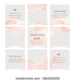 Modern editable social media post template set. Social networks post layouts with place for photo. Abstract pink color backgrounds in minimal style for mobile apps, web banners. Puzzle feed