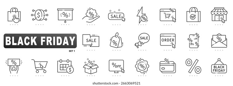 Moderno curso editável Black Friday ícone conjunto com compras, venda, desconto, e-commerce, carrinho, checkout, venda flash, design vetorial de contorno mínimo