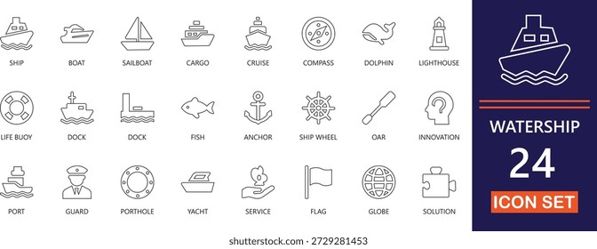 modern editable thin line icons of waterships, cargo, vessels, maritime, logistics, sea, freight, shipping, boats and nautical shipping for web and app ui.