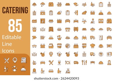 Modern Editable Thin Line Style Collection Of Catering Icons Set Food Serving, Service, Dish, Table Setting, Pictograms, Infographics And More Editable Stroke Style