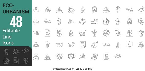Modern Editable Thin Line Style Collection Of Eco-Urbanism And City Ecology Icons Set Related Urban Ecosystems, Zero Waste, Urban Design, Green Energy, Air And Water Quality Vector Illustration