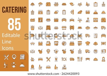 Modern Editable Thin Line Style Collection Of Catering Icons Set Food Serving, Service, Dish, Table Setting, Pictograms, Infographics And More Editable Stroke Style