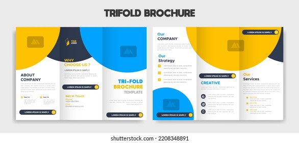 Modern editable trifold brochure template design vector illustration with blue yellow color background