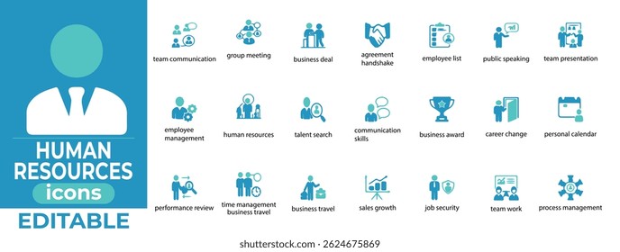 Modern, editable vector icons for HR, recruitment, and teamwork,perfect for corporate, business, and employee management visuals