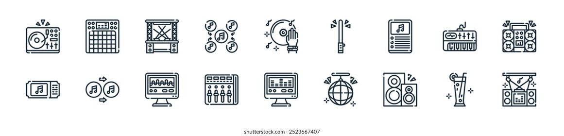 Perfecto para diseños de interfaz de usuario lineal con cabina de DJ de Vector, cóctel, altavoces, bola de discoteca, beat, mezclador, onda de sonido y más iconos para App móviles y de Web.