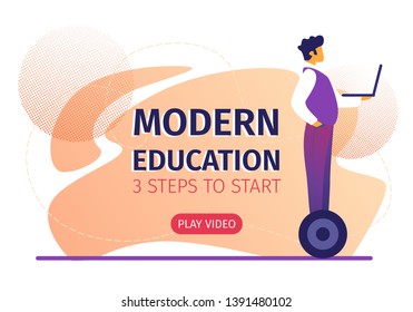 Modern Education 3 Steps to Start Horizontal Banner. Young Man in Fashioned Suit Stand on Hoverboard with Laptop in Hands. Online Learning, Webinar Internet Courses. Cartoon Flat Vector Illustration