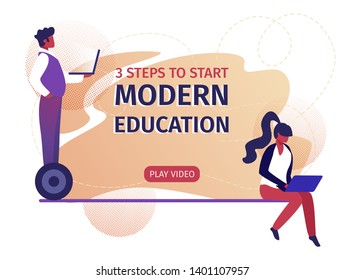 Modern Education 3 Steps to Start Horizontal Banner. Man Stand on Hoverboard with Laptop in Hands, Girl Working on Notebook, Watching Online Courses Learning Students. Cartoon Flat Vector Illustration